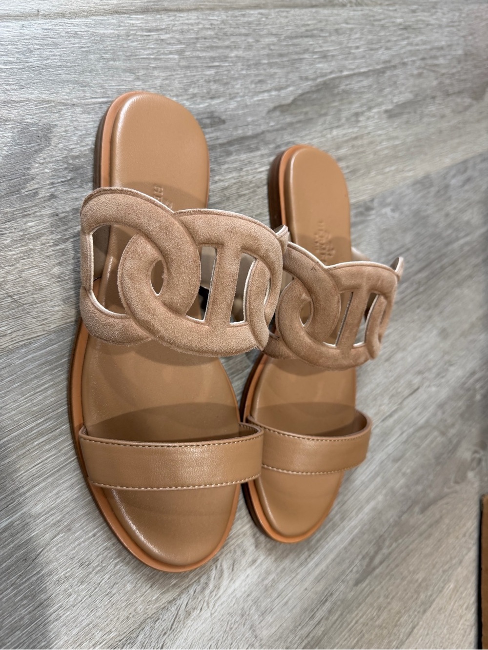 Hermes Suede Chain-Link Tan Slide Sandals